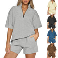 Women's Casual 2-Piece Summer Sweatshirt Shorts 1/4 Zip-Up Short-Sleeved Knitwear Suits With Pockets Loose Fit
