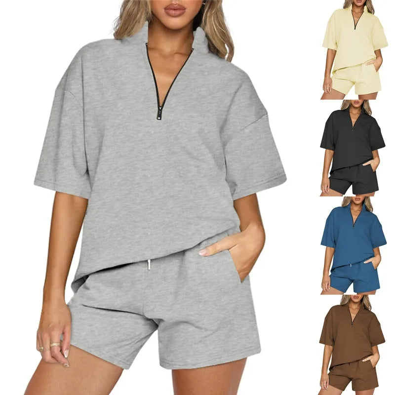 Women's Casual 2-Piece Summer Sweatshirt Shorts 1/4 Zip-Up Short-Sleeved Knitwear Suits With Pockets Loose Fit