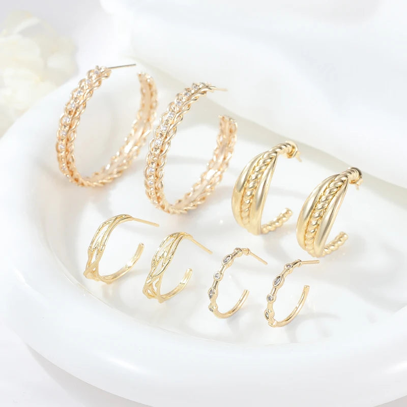 Wholesale Brass 14K Gold Plated Zircon Hypoallergenic Earrings Women Fashion C Shaped Braid Jewelry Birthday Gift