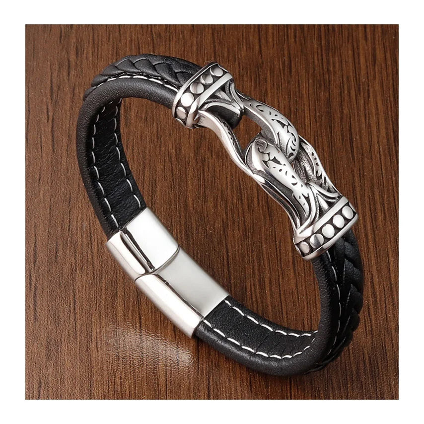 Bulk Customization Stainless Steel Magnetic Clasp Men Genuine Leather Bracelet Charm Engraved Logo Handmade Wrap Bracelet OT-115