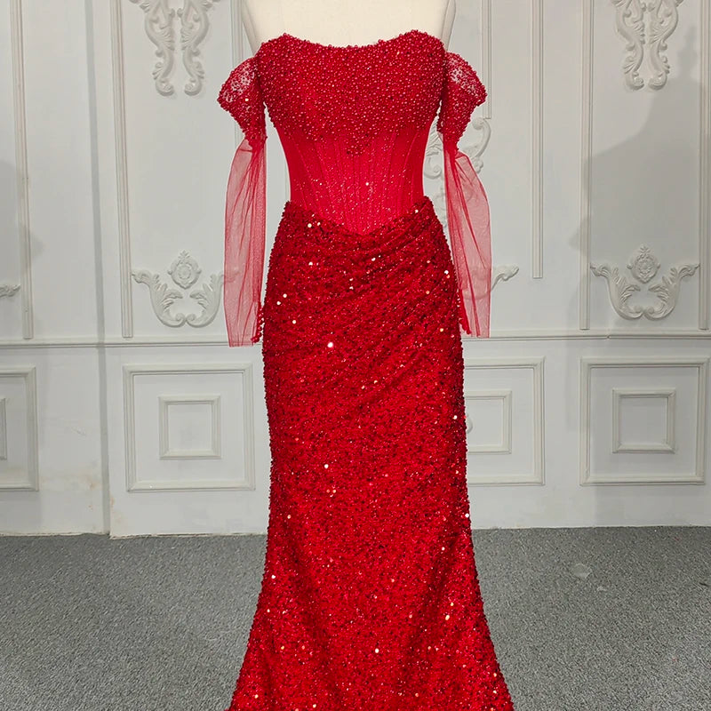 9900 Off-The-Shoulder Mermaid Prom Dress Lace Pearls Sequins Elegant Formal Evening Gown