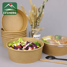 100% Eco-Friendly Disposable Kraft Round Shallow Salad Bowl Kraft With Cover