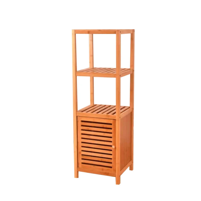 Solid Bamboo Storage Rack Freestanding Floor Cabinet with Slide Door Natural Wood Color for Home Living Room Furniture