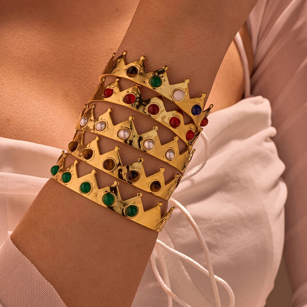 Vintage Crown Cuff Bracelet Wedding Women Colorful Natural Stone Open Adjustable Bangles Stainless Steel Fine Jewelry