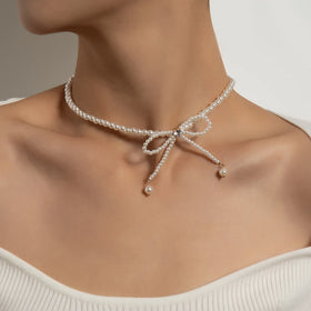 New Pearl Tassels Elegant Bow Necklace Stainless Steel Zinc Alloy Box Chain Wedding Gift Fashion Jewelry