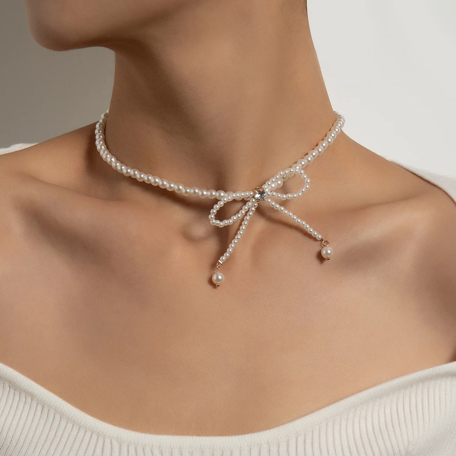 New Pearl Tassels Elegant Bow Necklace Stainless Steel Zinc Alloy Box Chain Wedding Gift Fashion Jewelry