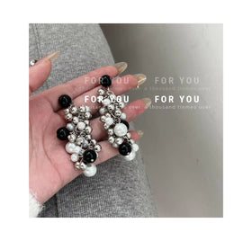 Exaggerated Sweet Cool Black and White Round Beads Long Tassel Earrings Premium White Ceramic Beaded Long Tassel Earrings