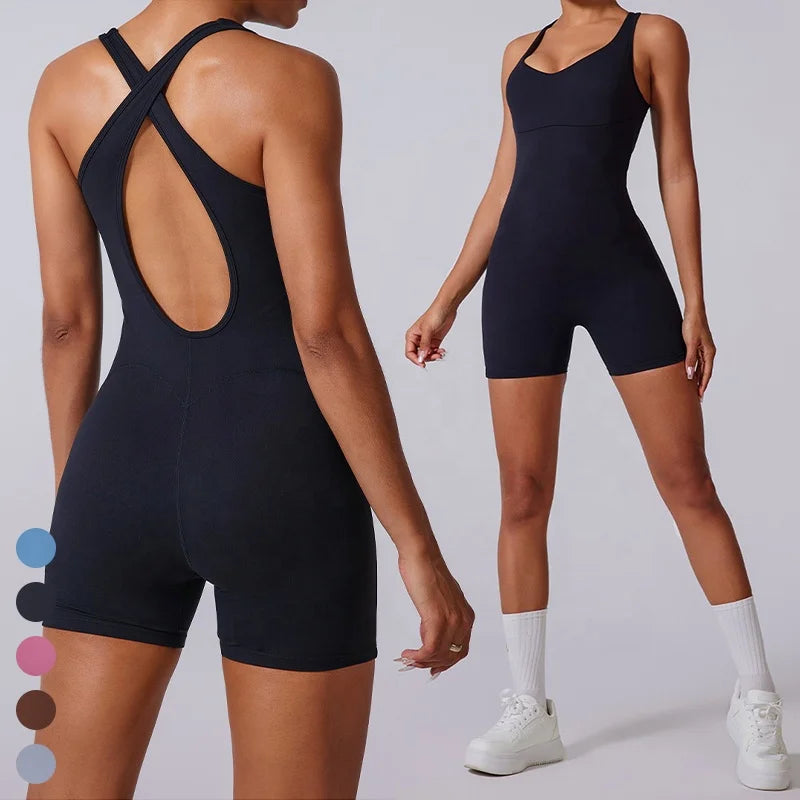 Women's Butter Soft Criss-Cross Hollow Back Yoga Shorts Jumpsuit Solid Pattern Summer Sleeveless Workout Romper