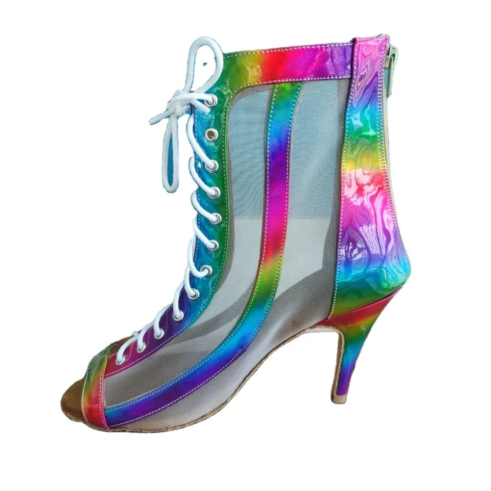 New Arrival Latin Salsa Ballroom Dance Shoes for Women 8.5cm Heel with Colorful PU Mesh for Sports Dancing