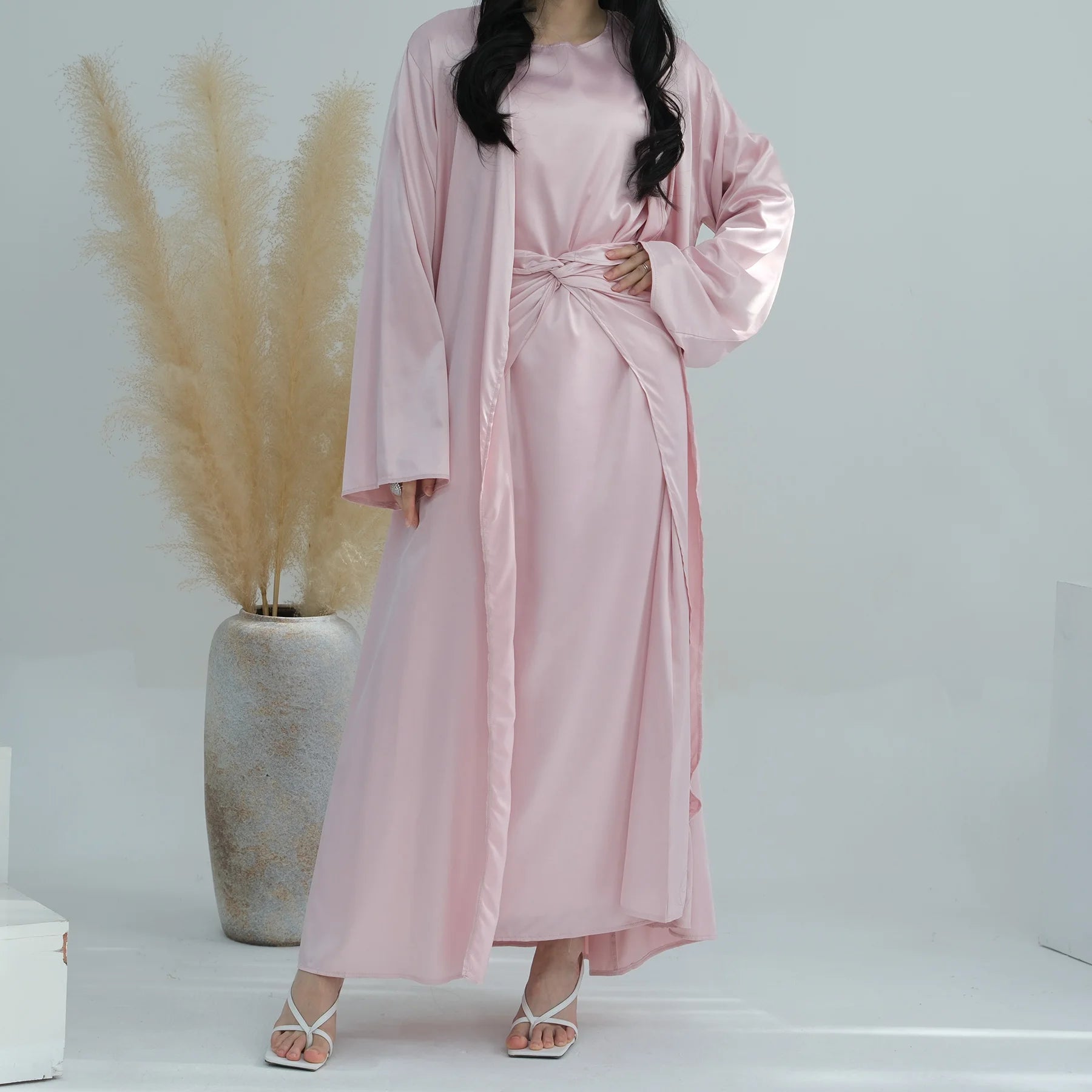 Clearance Sale Popular Traditional Muslim Clothing Women Abaya Set Satin Plain Abaya 3pcs Women Modest Dress c