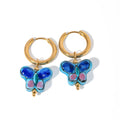 Retro 18K Gold Plated Stainless Steel Drop Earrings Blue Flower Butterfly Ceramic Pendant Women's Trendy Fashion Jewelry MAIFENG