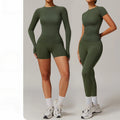 Women's Ribbed 2-Piece Workout Yogasets Breathable Lightweight Seamless Sport High Waist Yoga Leggings with Long/Short Sleeve