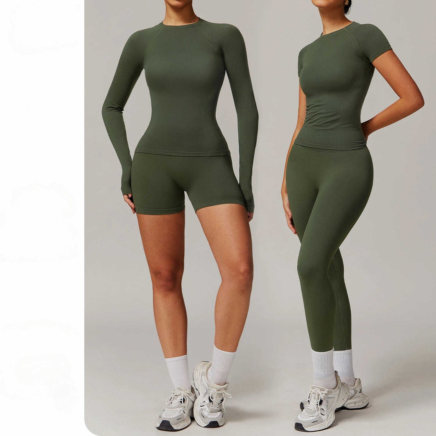 Women's Ribbed 2-Piece Workout Yogasets Breathable Lightweight Seamless Sport High Waist Yoga Leggings with Long/Short Sleeve
