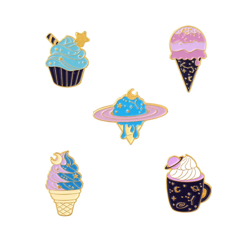 Planet Ice Cream Enamel Plated Metal Pin Custom Cupcake Dessert Brooches Badges for Bags Clothes Kid-Friendly