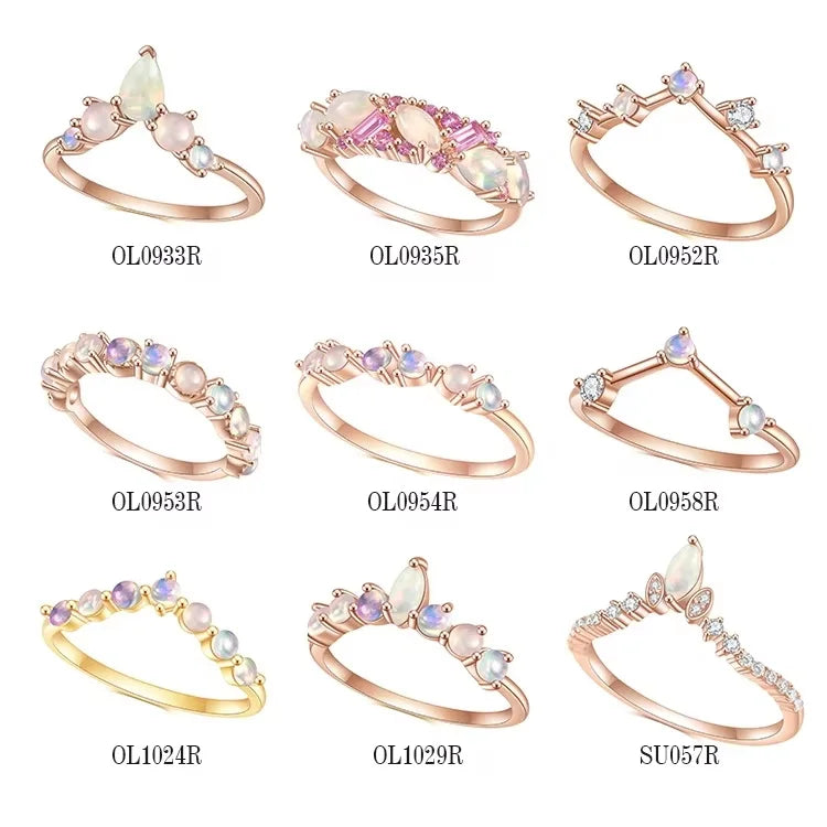 Abiding Factory Price Rose Gold Plated Stackable 925 Sterling Silver Curved Natural Stone African Ethiopian Opal Rings Bands