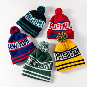 Jacquard Custom Beanie/100% Acrylic Your Own Embroidery Logo Fashion Knitted Beanie Hat Custom Winter Hat With Pom PomWholesale