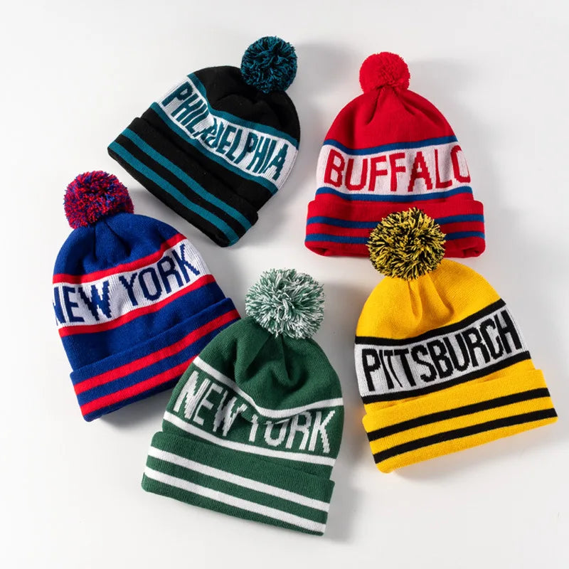 Jacquard Custom Beanie/100% Acrylic Your Own Embroidery Logo Fashion Knitted Beanie Hat Custom Winter Hat With Pom PomWholesale