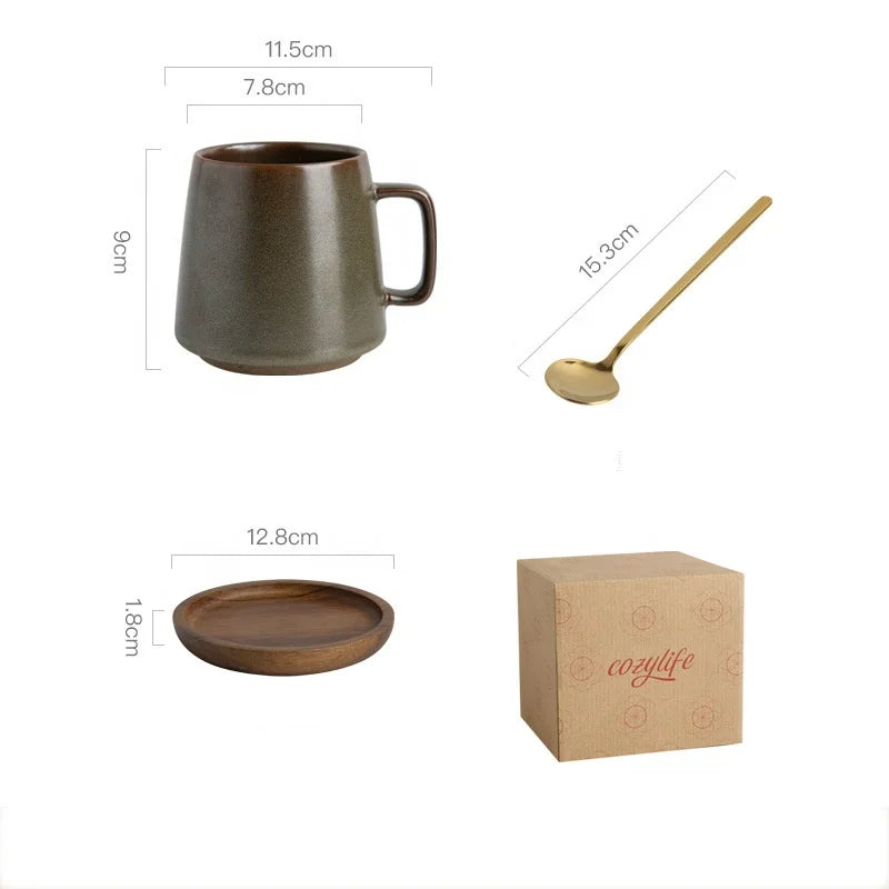 Wholesale Reactive Glaze Japan Style Vintage Custom 360ml Stoneware Cup Ceramic Tea Coffee Mug with Wood Saucer