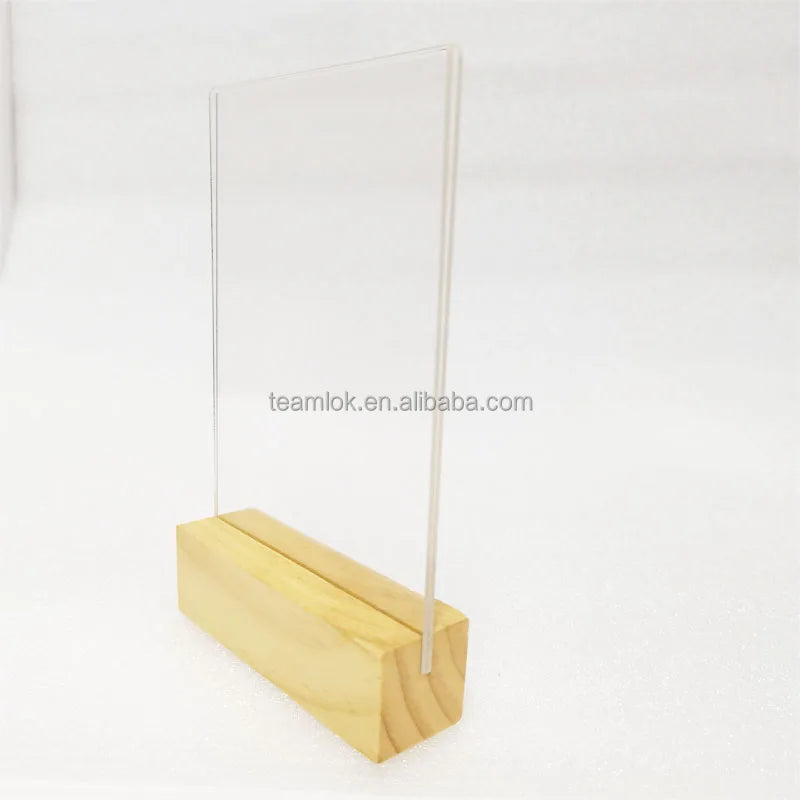 Custom Pine Wood Base Double Sided Acrylic Menu Display Holder 4x6 5x7 6x8 A5 Wooden Base Acrylic Holder for Display Racks