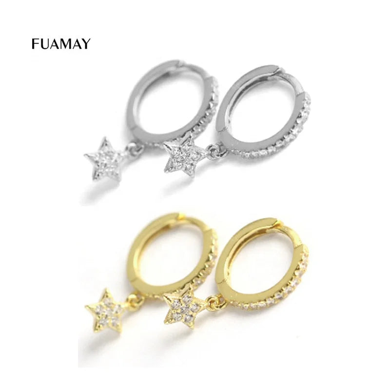 FUAMAY Aretes De Plata 925 Star Pendant Drop Earrings Jewelry 18K Gold Plated CZ Zirconia Star Hoop Earrings