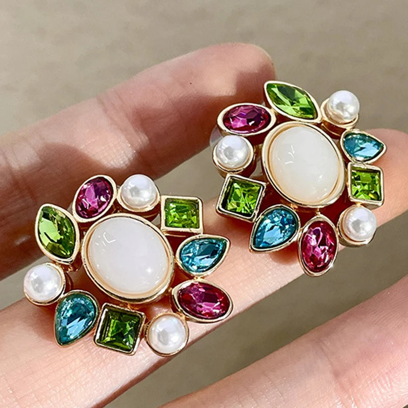 Kaimei Fashion Jewelry Vintage Palace Colorful Artificial Gem Gold Earrings Ancient New Versatile Unique Crystal Stud Earrings