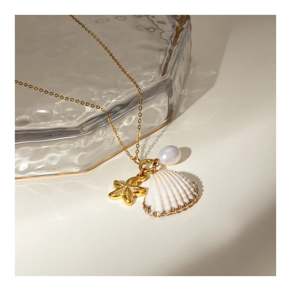 YF3786 Stainless Steel Tarnish Free Jewelry Set 18k Gold Plated Waterproof Starfish Shell Pendant Pearl Necklace Bracelet