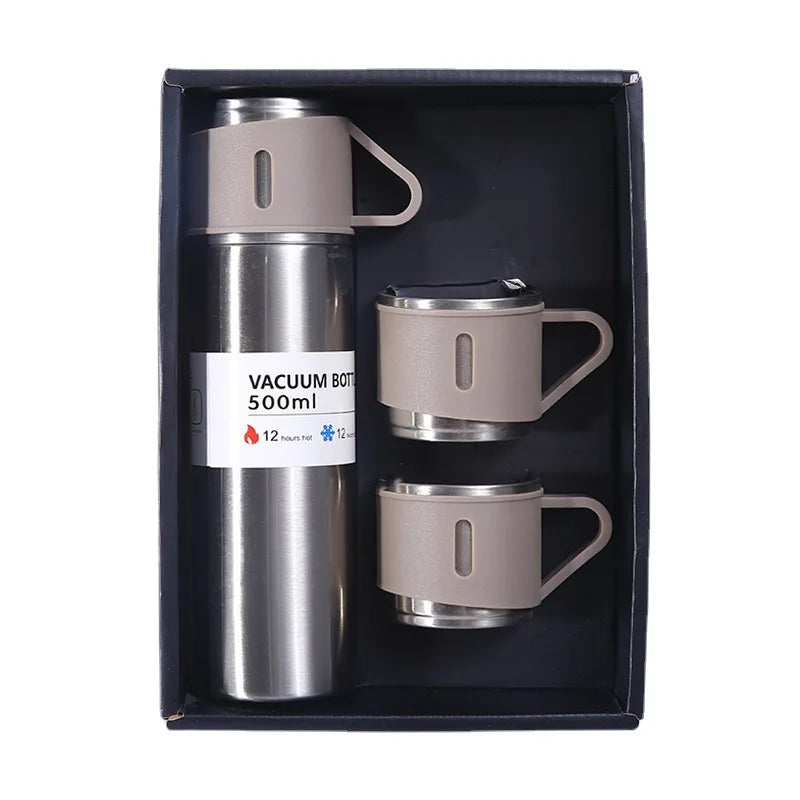 Hot & Cool Vacuum Water Bottle with 3 Cups Gift Box Thermos Double Wall Stainless Steel Water Flask