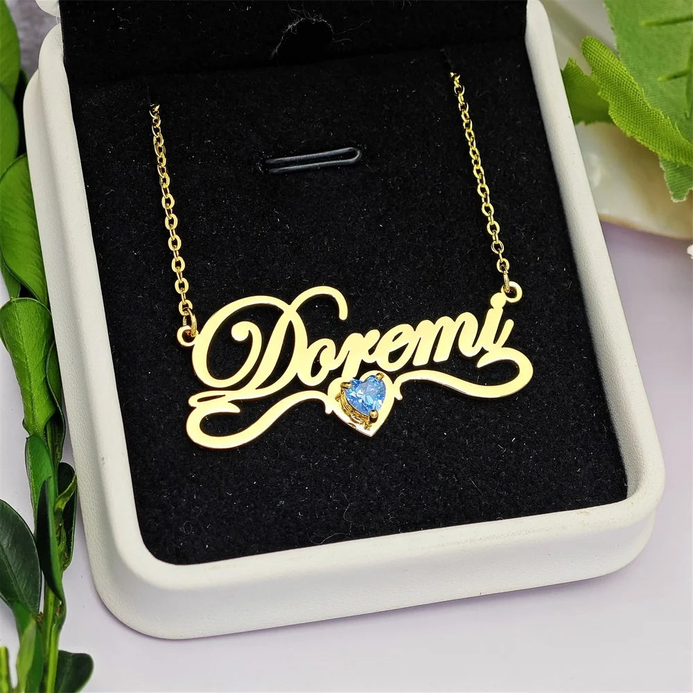 Lateefah OEM Custom Name Necklace Heart Zircon Stone Stainless Steel Nameplate Necklace for Women