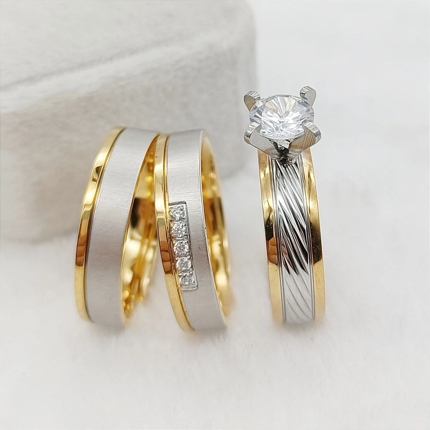 Wholesale 3pcs Wedding Engagement Rings Set 18k Gold Plated Jewelry Promise Couple Rings