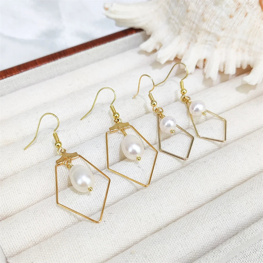 Natural Gemstone Gold Plated Earrings Handmade Jewelry Freshwater Pearl Pendant Hook Earrings Boho Jewelry for Women Party Gift