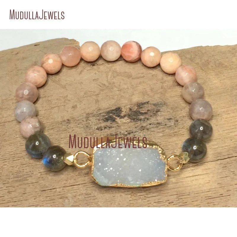 BM12432 Druzy Gemstone Stretch Bracelet Labradorite Moonstone Precious Beaded Stacking Boho Chic Stretch Bracelet Bohemian