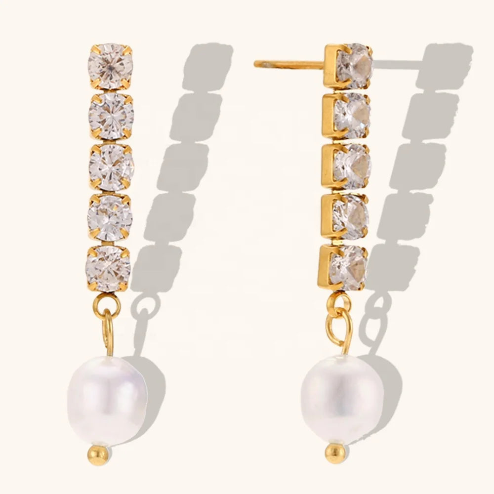 Dingran Hot Selling Fresh Water Pearl Zircon Chain Drop Earring Stainless Steel Gold Plated Jewelry for Women
