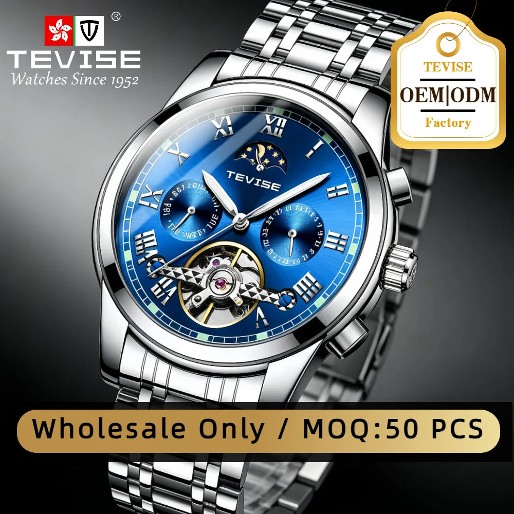 TEVISE OEM Custom Mens Multifunctional Automatic Tourbillon Mechanical Watch Moon Phase