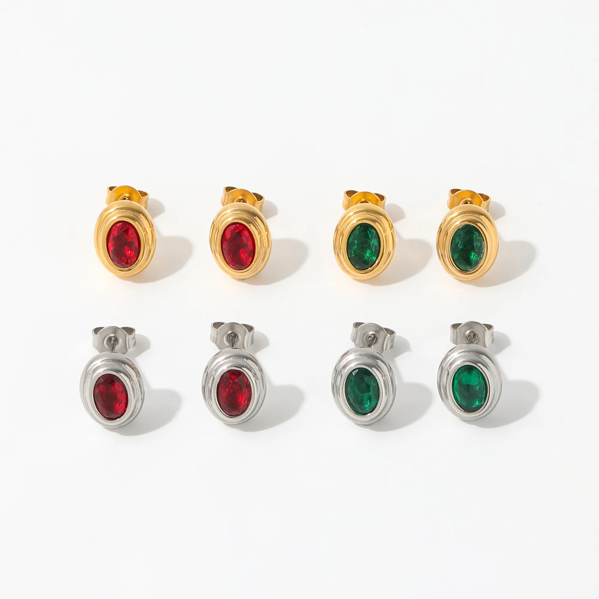 Fenny 18K Gold-plated Wholesale No Fade Party Vintage Oval Red Green Crystal Stud Stainless Steel Earrings for Women