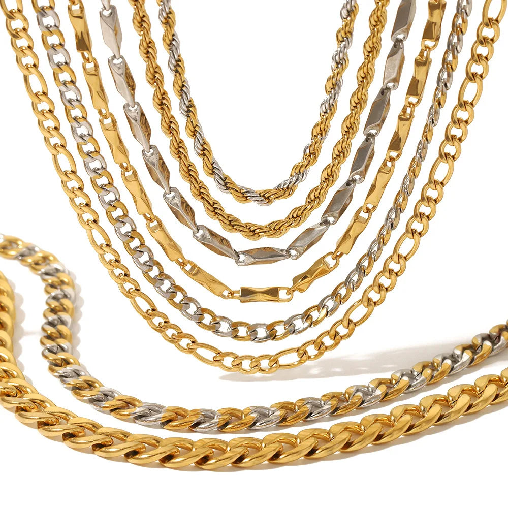 Trendy 18K Gold Plated Snake Bone Link Chain Stainless Steel Waterproof Miami Cuban Necklace Rappers Man Women Jewelry