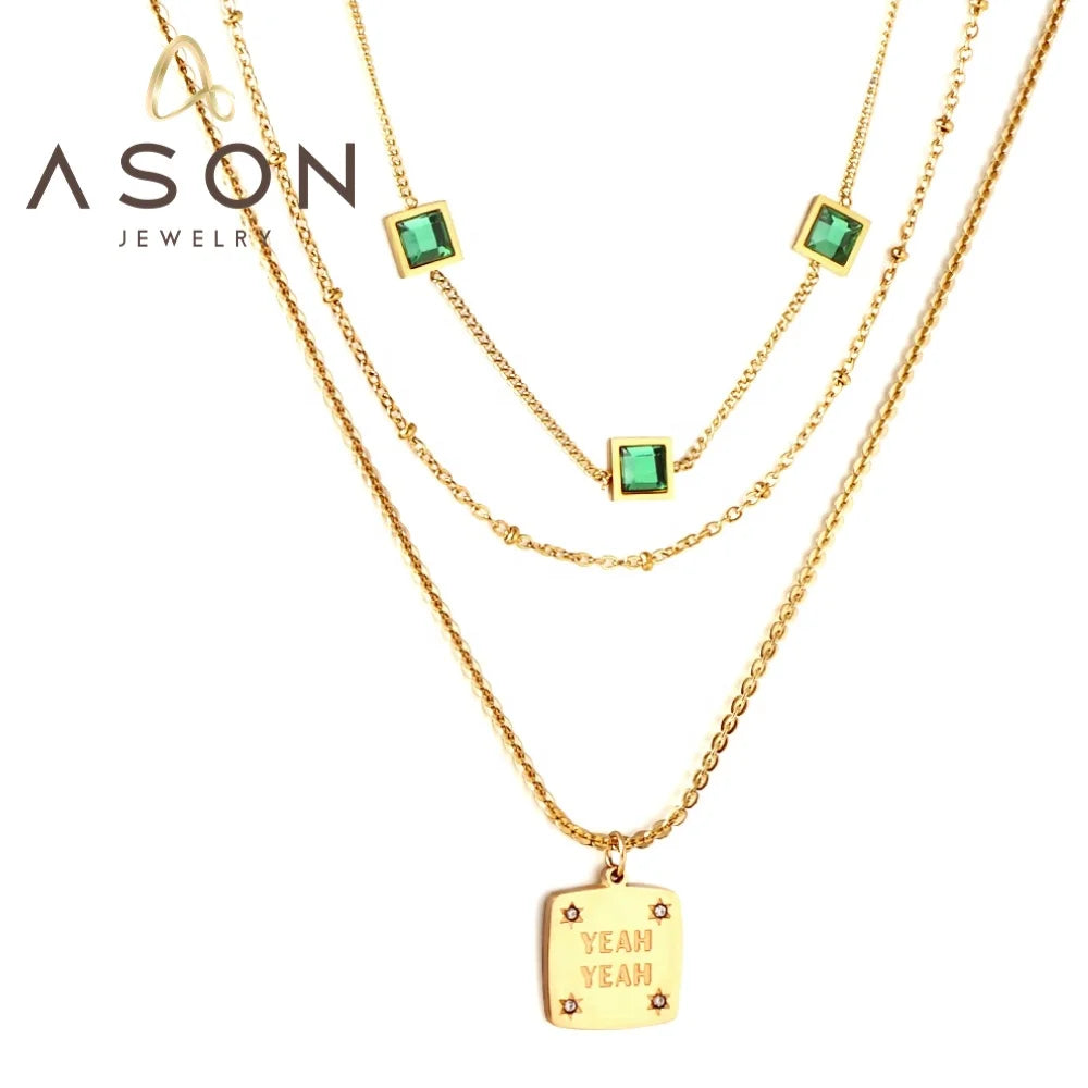 Ason Jewelry Fashion 18K Gold Plated Square Letter Pendant Necklace Stainless Steel Square Green Zircon Three-Layer Necklace