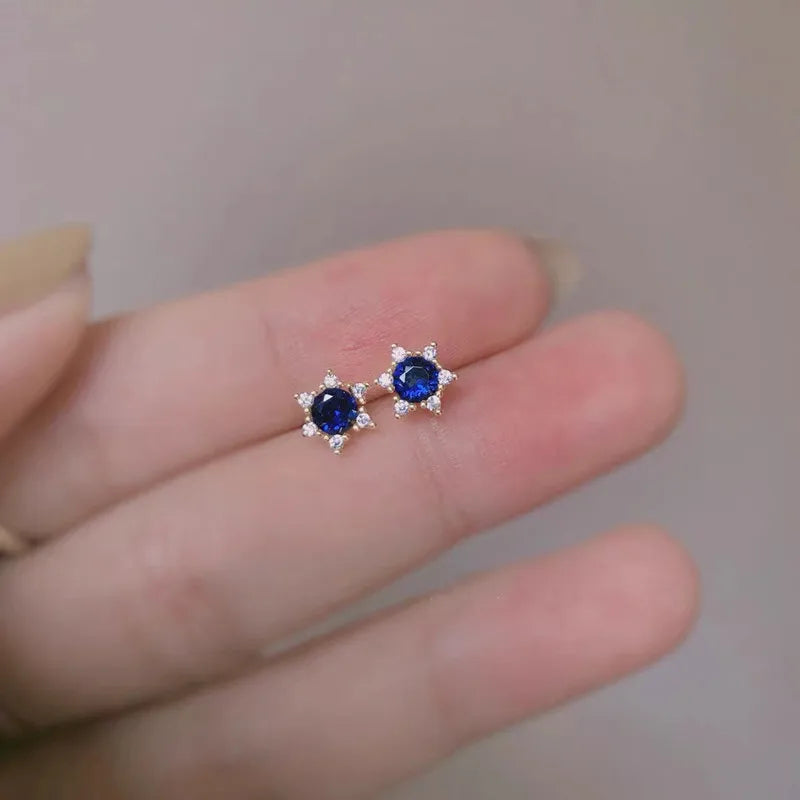 Simple Fancy 14K Gold Plated Pure 925 Sterling Silver Blue Zircon Sapphire Star Shape Stud Earrings for Women Girls