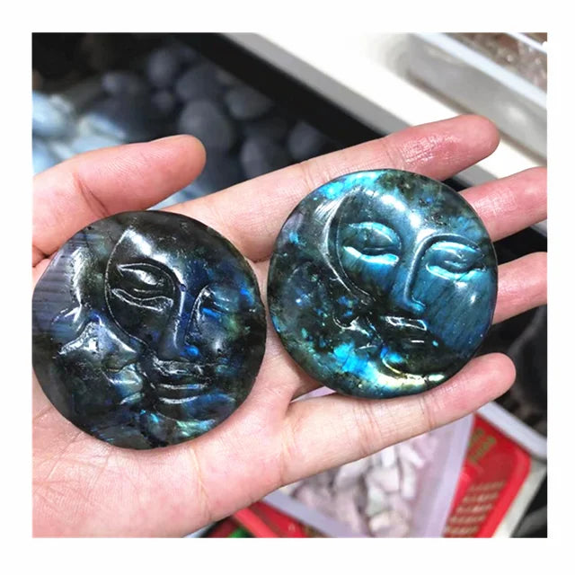 Wholesale 2 Inch Hand Carved Healing Crystals Crafts Natural Round Shaped Labradorite Sun Moon Face For Home Decoration
