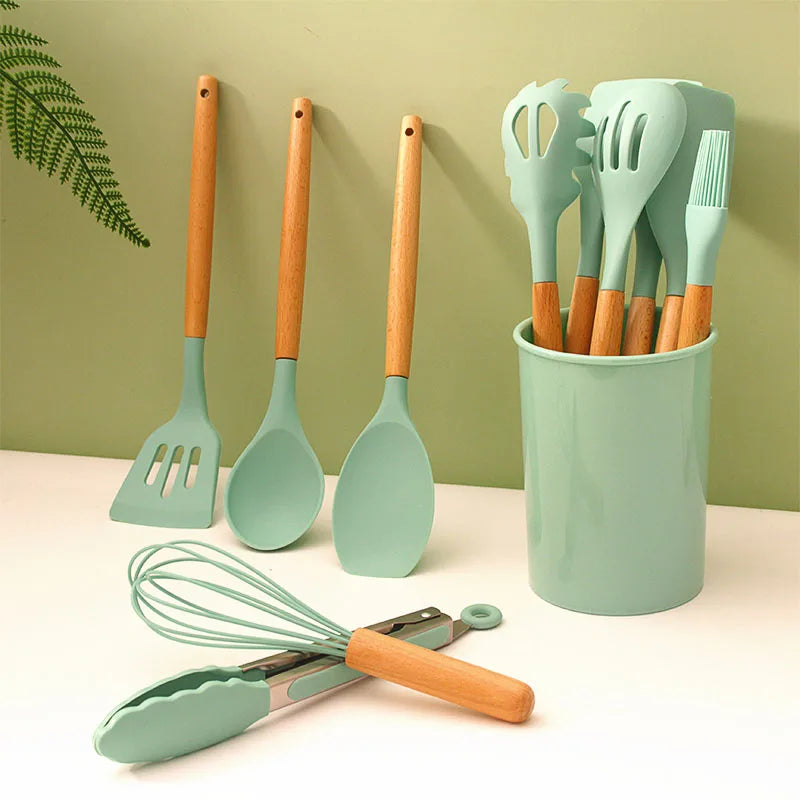Hot Selling Heat Resistant 12 Pcs Cooking Silicone Kitchen Spatula Set Utensils Set with Wooden Handle