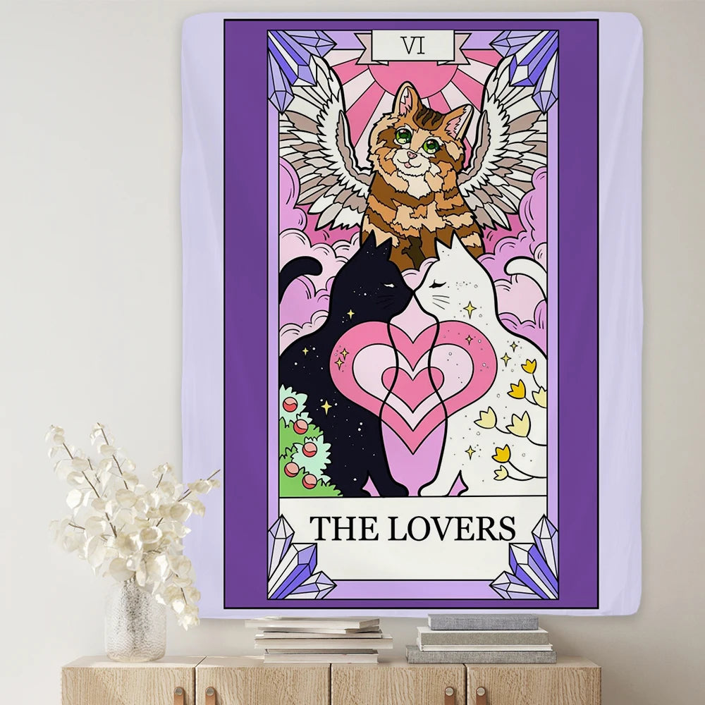 Anime Kawaii Cat Landscape Tapestry Aesthetics Home Decor Wall Hanging Psychedelic Witchcraft Cute Bedroom Dorm Decoration
