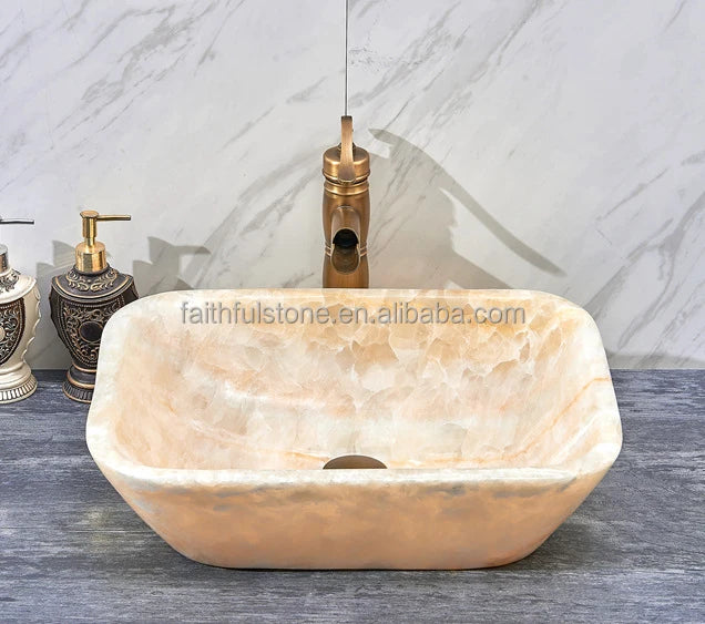 Wholesale Luxury Bathroom Rectangle Natural Yellow Onyx Wash Vessel Sink Art Basin