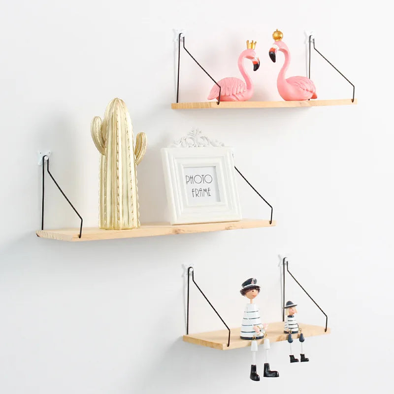 Modern Multi-Function Solid Floating Wood Metal Wall Shelf for Bathroom Home Storage Wall Mounted Storage Shelves