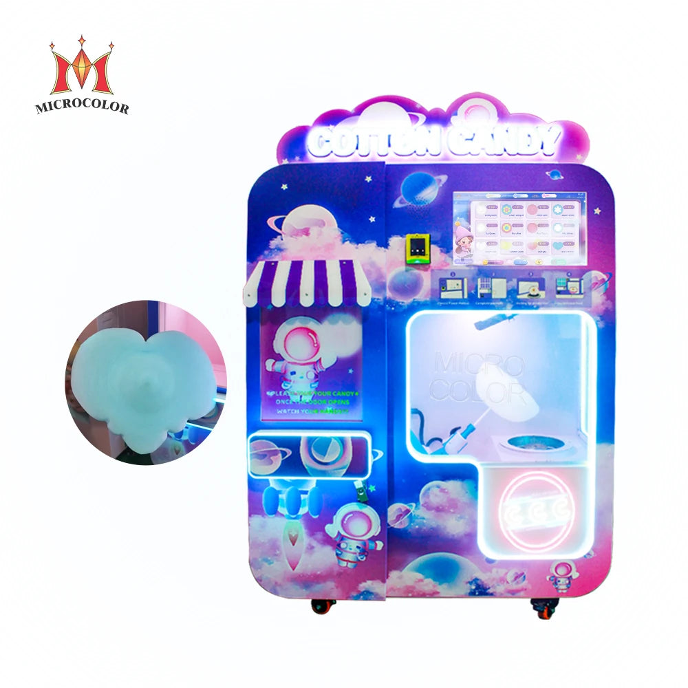 New Microcolor Custom Full Automatic Cotton Candy Vending Machine 36 Patterns Multi-Payment (Coin/Bill/Credit Card) Sugar