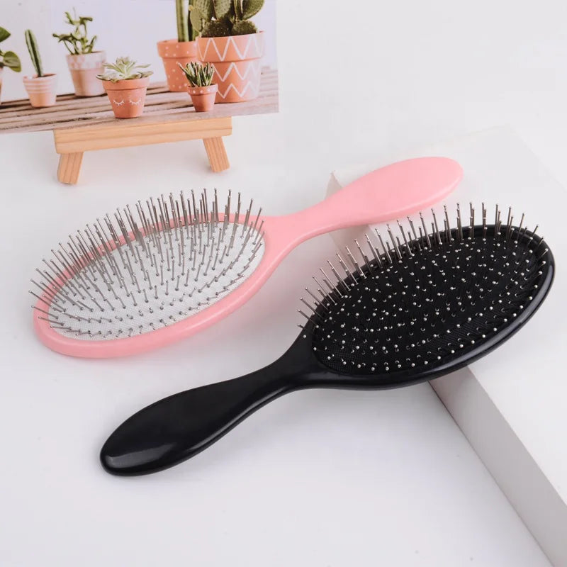 Customized Black Pink Paddle Metal Bristle Hair Brushes Logo Pink Wig Brush With Metal Pin Professional Cushion Hairbrush