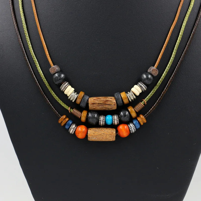 Handmade Multi-layer Colored Wood Beads Long Necklace Vintage Woven Necklace for Women Men
