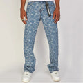 Y2K Graphic Print Jeans Men All Over Letter Design Straight Leg Denim Pants Vintage Skater Streetwear Stonewashed Trousers