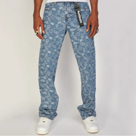 Y2K Graphic Print Jeans Men All Over Letter Design Straight Leg Denim Pants Vintage Skater Streetwear Stonewashed Trousers