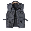 RNSHANGER New Denim Vest Men Punk Rock Rivet Cowboy Black Jeans Waistcoat Fashion Men Motorcycle Style Sleeveless Jean Vest