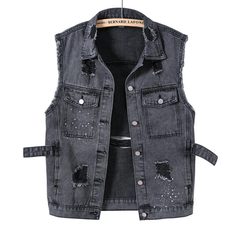 RNSHANGER New Denim Vest Men Punk Rock Rivet Cowboy Black Jeans Waistcoat Fashion Men Motorcycle Style Sleeveless Jean Vest