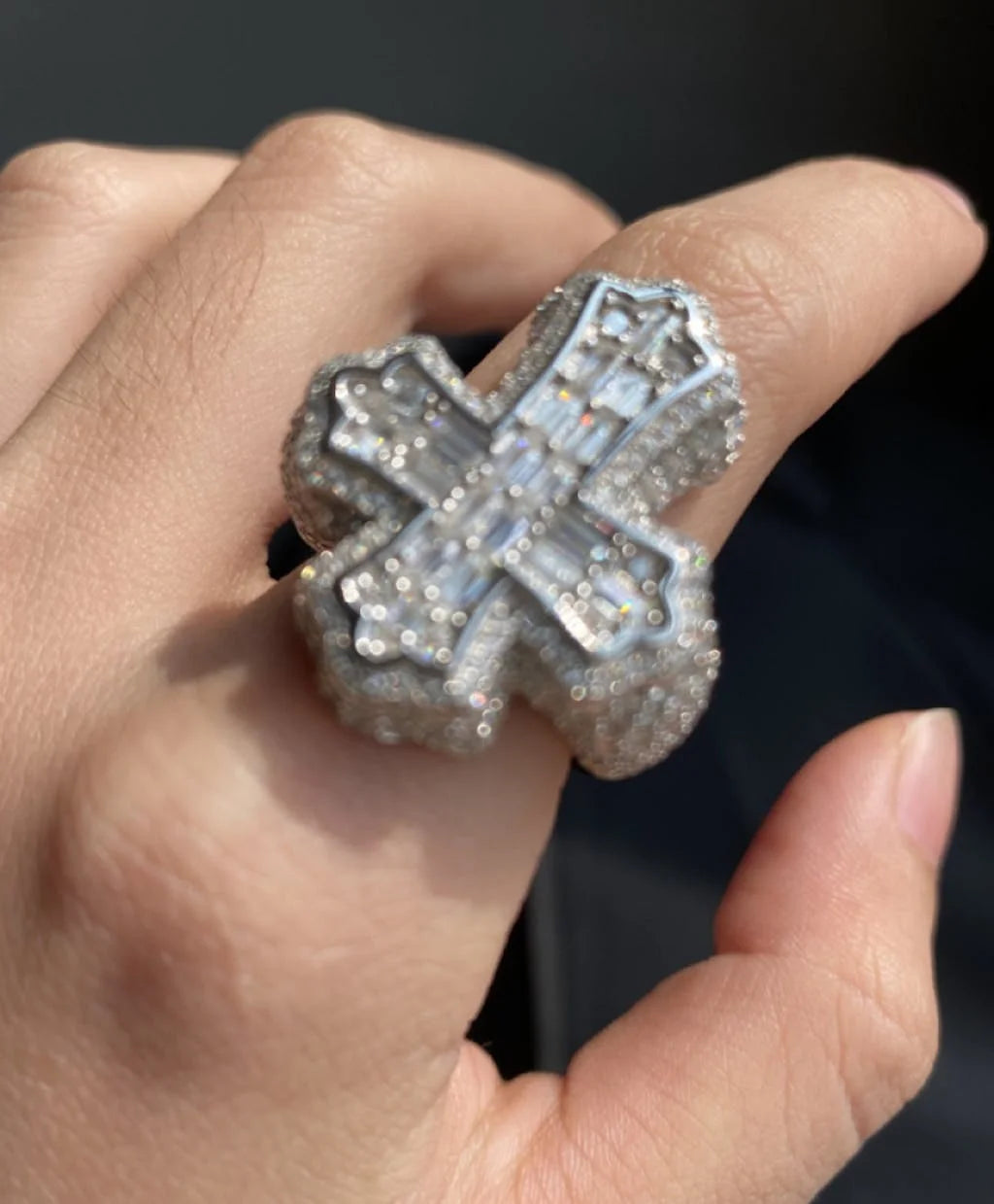 Luster Custom Made Hippie Style Silver 925 Saint Cross D Color Baguette VVS Moissanite Ring for Men